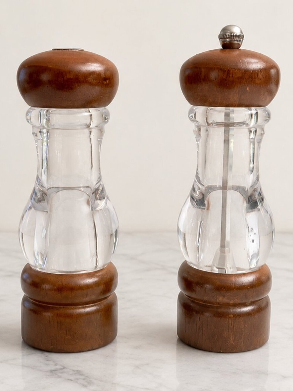 Vintage Olde Thompson USA Wood Acrylic Salt Shaker Pepper Mill Set 7.25 In